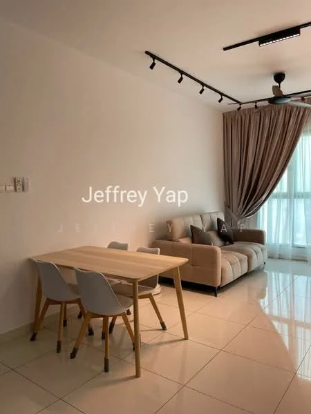 Living features: cream painted walls, glossy tile flooring, sofa in beige fabric, dining table with light wood finish, 3 dining chairs in grey plastic, floor-to-ceiling windows with sheer curtains, track lighting, ceiling fan, decorative curtain, area rug; style: modern.