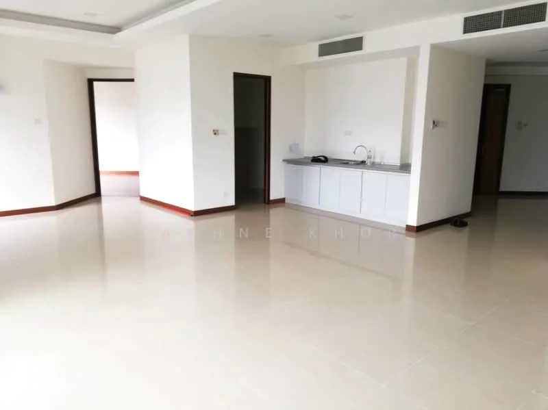 Room features: white painted walls, cream tiled flooring, recessed downlights, kitchenette with countertop, single-bowl stainless-steel sink, built-in cabinetry, open layout, large windows, doorway leading to another room; style: modern.