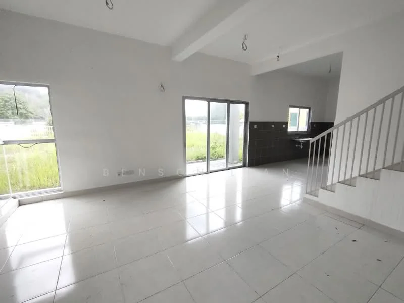 Room features: white painted walls, tile flooring, large windows, sliding glass door, staircase, high ceiling, recessed lighting, open layout; style: modern; view: garden.