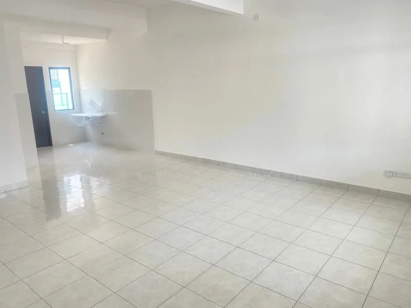 Room features: white painted walls, glossy tile flooring, single window, sink with faucet, neutral color scheme, open layout, no visible furniture, bright lighting; style: minimalist.