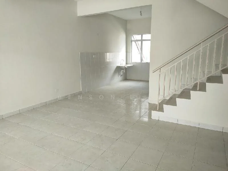 Room features: white painted walls, ceramic tile flooring, staircase with white railing, large window with natural light, kitchenette area with sink, open layout, neutral color scheme, high ceiling; style: modern.