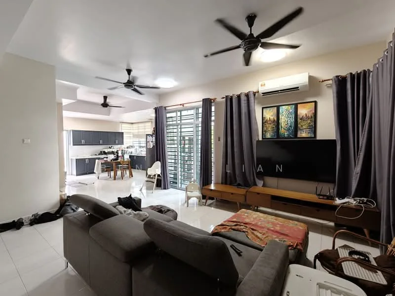 Living features: L-shape sectional sofa in grey, coffee table, wall-mounted TV, entertainment unit, area rug, 5-blade ceiling fan, recessed downlights, floor-to-ceiling windows, curtains in grey, white painted walls, polished tile flooring, air conditioning unit; style: modern; view: city. Kitchen features: kitchen cabinets in dark wood, stainless-steel sink, chrome pull-down faucet, built-in oven, freestanding range oven, microwave, ceramic tile flooring, open-plan layout; style: modern.