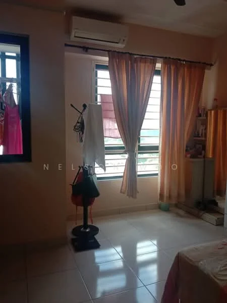 Room features: cream painted walls, white tiled flooring, floor-to-ceiling window, sheer curtains, air conditioning unit, clothes rack, dressing table, natural light from window.