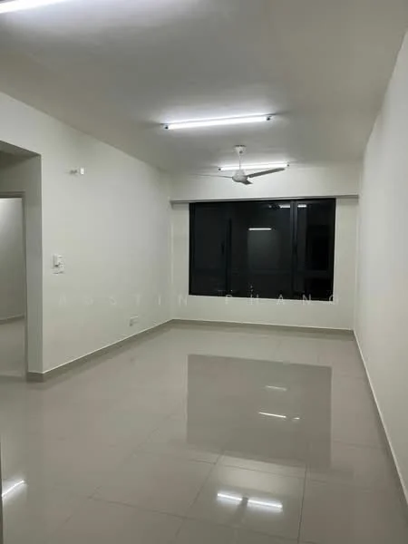 Living features: white painted walls, glossy ceramic tile flooring, ceiling fan, large window with black frames, recessed LED downlights, neutral color scheme, open layout, no visible furniture; style: modern.