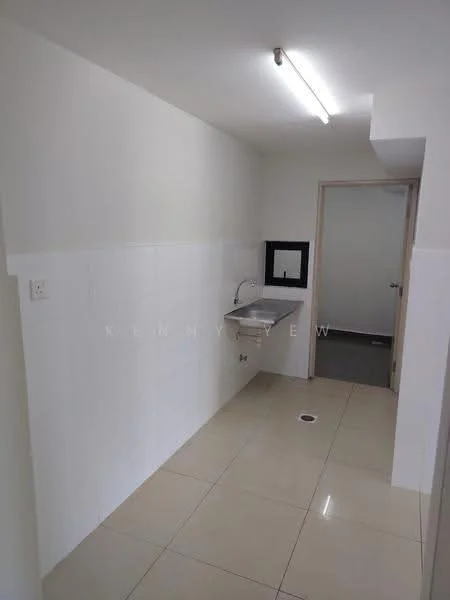 Laundry features: white painted walls, glossy ceramic tile flooring, single-bowl stainless-steel sink, chrome faucet, wall-mounted mirror, fluorescent ceiling light, drainage hole in floor.