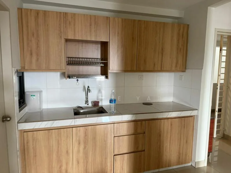 Kitchen features: wood cabinetry, white tiled backsplash, marble countertop, single-bowl stainless-steel sink, chrome pull-down faucet, built-in microwave, under-cabinet storage, countertop space, water bottle on countertop; style: modern.