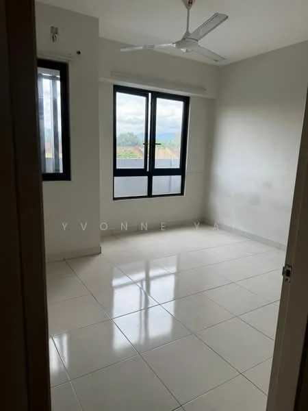 Room features: white painted walls, floor-to-ceiling windows, sliding glass door, ceramic tile flooring, 5-blade ceiling fan, natural light from windows, neutral color scheme; style: modern; view: garden.