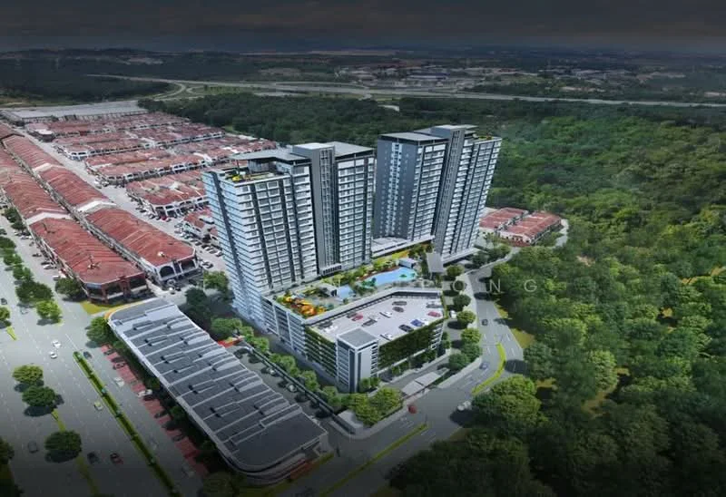 Exterior type: high-rise condominium; features: two high-rise towers, swimming pool, landscaped garden, parking area, surrounded by greenery, adjacent to residential area, modern architectural design, multiple levels, open-air parking, road access, urban context; style: modern.