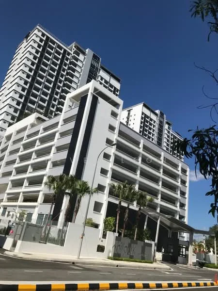 Exterior type: high-rise condominium; features: white painted facade, glass curtain wall, multiple storeys, parking deck, palm trees in landscaping, modern architectural design, balconies on upper floors, gated entry with security, surrounded by mature greenery; style: modern.