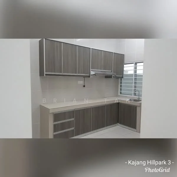 Kitchen features: laminate cabinetry in brown, light-colored countertop, stainless-steel sink, chrome pull-down faucet, wall-mounted range hood, ceramic tile backsplash, white tiled walls, white tiled flooring, window with horizontal blinds; style: modern.