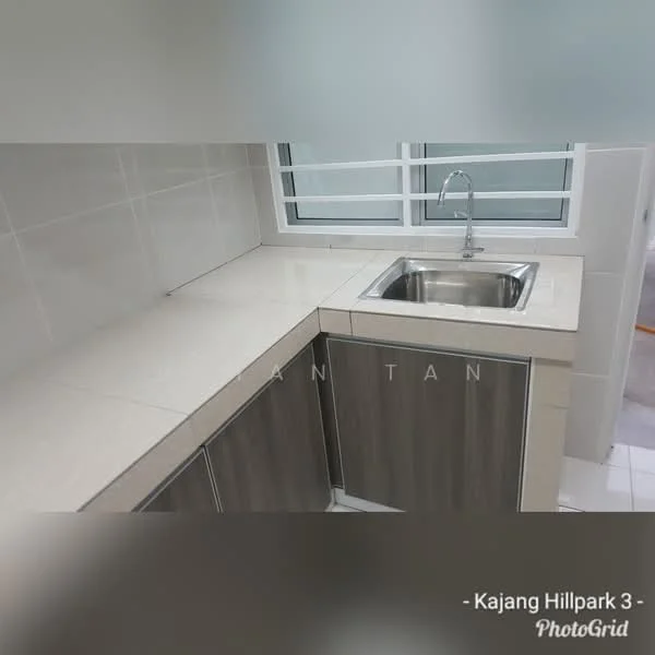 Kitchen features: single-bowl stainless-steel sink, chrome pull-down faucet, light-colored countertop, dark wood cabinetry, ceramic tile backsplash, white tiled walls, white tiled flooring, window with horizontal bars; style: modern.