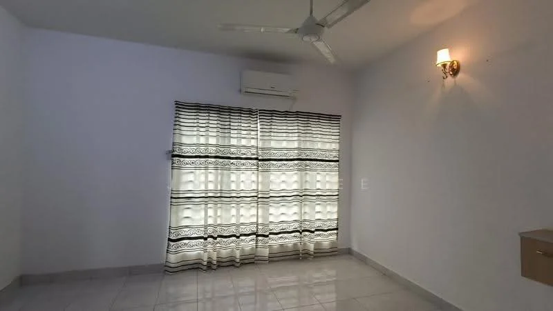 Room features: white painted walls, glossy tile flooring, ceiling fan, wall-mounted air conditioning unit, curtains with black and white stripes, wall sconce light, window with glass panes; style: modern.