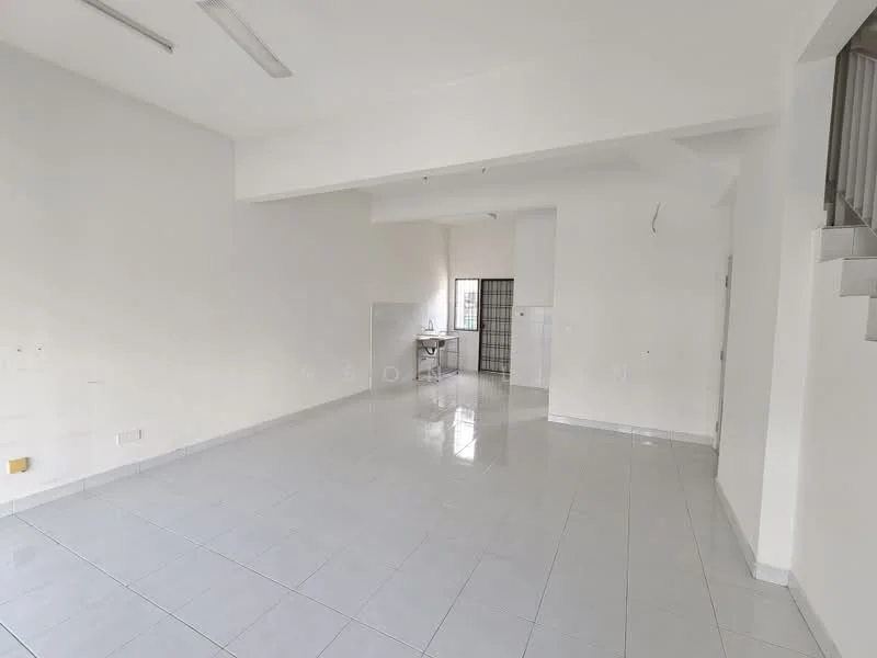 Room features: white painted walls, glossy ceramic tile flooring, large windows, open layout, high ceiling, fluorescent ceiling lights, kitchen area visible, no visible furniture; style: modern.