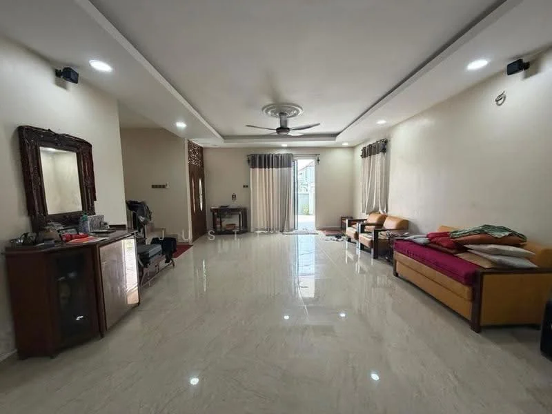 Living features: marble tile flooring, white painted walls, recessed downlights, 5-blade ceiling fan with light, large windows with sheer curtains, two-seater sofa in beige, single-seater sofa in red, wooden console table, decorative mirror, wall-mounted TV, area rug, curtains, natural light from windows; style: modern; view: garden.
