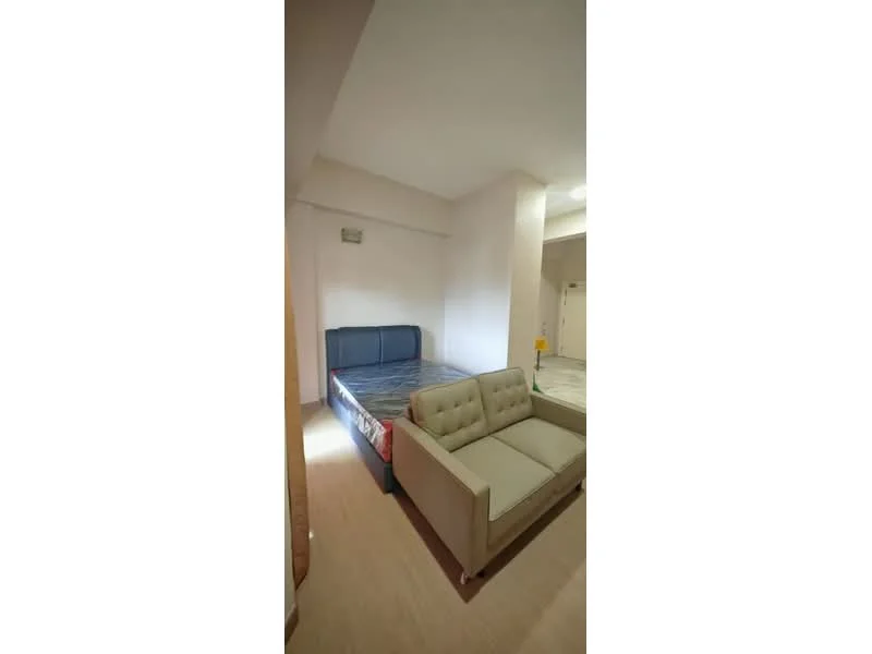 Bedroom features: queen-size bed, upholstered headboard, sofa, wooden flooring, white painted walls, ceiling light, window, decorative wall; style: modern.