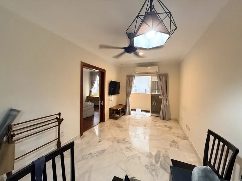 Living features: marble flooring, white painted walls, 5-blade ceiling fan with light, wall-mounted TV, window with sheer curtains, sliding glass door, curtains, sofa, coffee table, decorative wall, TV console; style: modern.