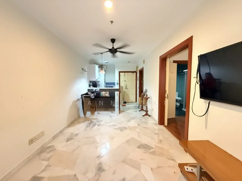 Living features: marble flooring, white painted walls, 5-blade ceiling fan, wall-mounted TV, wooden door frames, recessed lighting, open layout to kitchen, large window, TV console, decorative wall; style: modern. Kitchen features: kitchen island, stainless-steel sink, pendant lighting, wood cabinetry, countertop, built-in appliances; style: modern. Room features: wooden door, light switch, door frame.