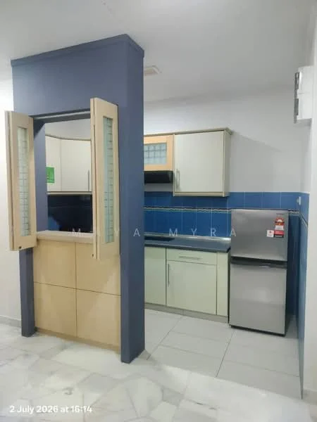 Kitchen features: light wood cabinetry, blue tiled backsplash, white laminate countertop, stainless-steel fridge, built-in oven, single-bowl stainless-steel sink, chrome pull-down faucet, ceramic tile flooring, open layout with breakfast bar, glass-front upper cabinets; style: modern.