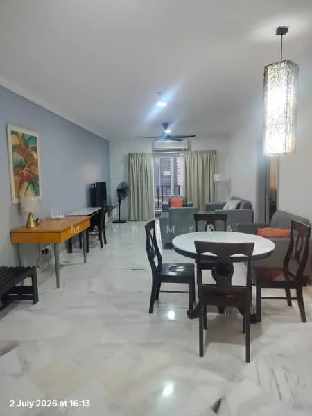 Living features: marble flooring, white painted walls, 5-blade ceiling fan with light, pendant light, sofa in grey fabric, coffee table, TV console, wall-mounted TV, dining table with 4 chairs, side table, decorative artwork, curtains, floor-to-ceiling windows; style: modern; view: city.