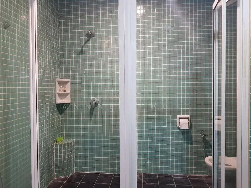 Bathroom features: green mosaic tile walls, black tile flooring, walk-in shower with glass enclosure, rain shower head, handheld shower, built-in soap niche, toilet, toilet paper holder; style: modern.