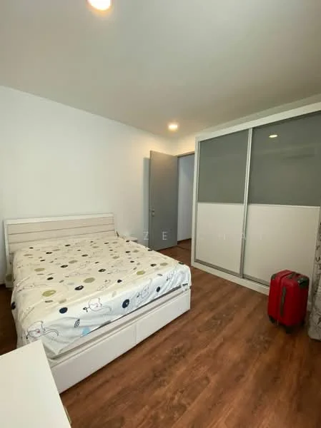 Bedroom features: queen-size bed with patterned bedding, wood laminate flooring, white painted walls, built-in wardrobe with sliding doors, nightstand, table lamp, window with sheer curtains, light fixture on ceiling; style: modern.