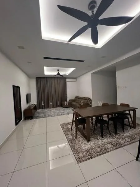 Living features: white painted walls, recessed ceiling with LED lighting, 5-blade ceiling fan with light, large grey sofa, wooden dining table, 4 dining chairs, area rug with geometric pattern, TV console, wall-mounted TV, floor-to-ceiling curtains, tile flooring; style: modern.