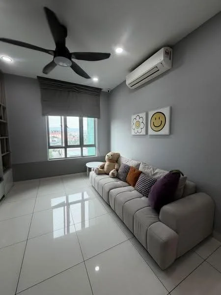 Living features: 3-seater fabric sofa in light grey, decorative cushions in purple and white, large teddy bear, floor-to-ceiling windows, grey painted walls, white tiled flooring, 5-blade ceiling fan with light, wall-mounted air conditioning unit, framed artwork with floral and smiley face designs, sheer curtains; style: modern; view: city.
