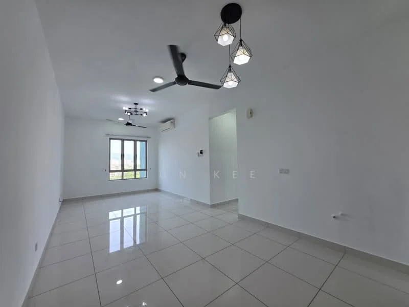 Living features: white painted walls, glossy ceramic tile flooring, 5-blade ceiling fan with light, recessed LED downlights, large window with city view, air conditioning unit, doorway leading to another room, neutral color scheme; style: modern; view: city.