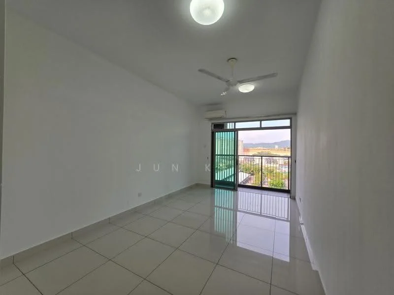 Living features: white painted walls, glossy ceramic tile flooring, 5-blade ceiling fan with light, floor-to-ceiling sliding glass door, balcony access, wall-mounted split AC, natural light from large window, neutral color scheme; style: modern; view: city.