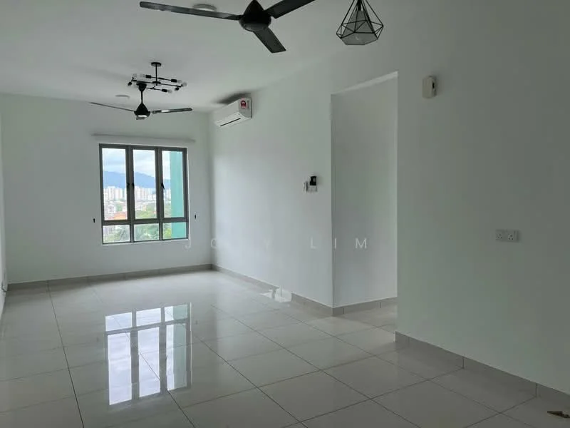 Living features: white painted walls, glossy ceramic tile flooring, 5-blade ceiling fan with light, 2 ceiling fans, floor-to-ceiling windows, mountain view, air conditioning unit, recessed downlights; style: modern; view: mountain.