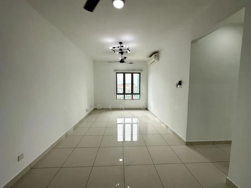 Living features: white painted walls, glossy ceramic tile flooring, 5-blade ceiling fan with light, floor-to-ceiling windows, air conditioning unit, recessed downlights; style: modern.
