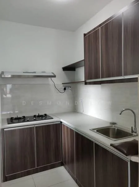 Kitchen features: brown wooden cabinetry, white countertop, single-bowl stainless-steel sink, chrome pull-down faucet, 4-burner gas hob, stainless-steel range hood, white tiled backsplash, ceramic tile flooring, under-cabinet lighting; style: modern.