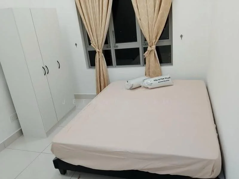 Bedroom features: queen-size bed, white bed sheet, two pillows, light-colored curtains, two windows, white wardrobe with two doors, white painted walls, tile flooring; style: minimalist.