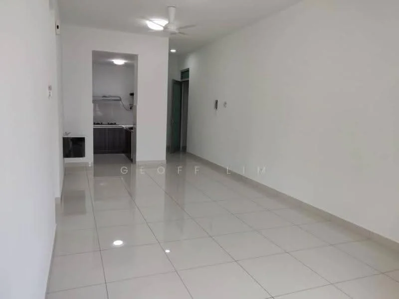 Room features: white painted walls, glossy ceramic tile flooring, ceiling fan, recessed ceiling lights, open layout, kitchen area visible, neutral color scheme, no visible furniture; style: modern.