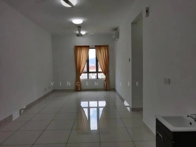 Living features: white painted walls, glossy ceramic tile flooring, 2 ceiling fans, large window with city view, curtains in light brown, air conditioning unit, neutral color scheme, recessed lighting; style: modern; view: city.
