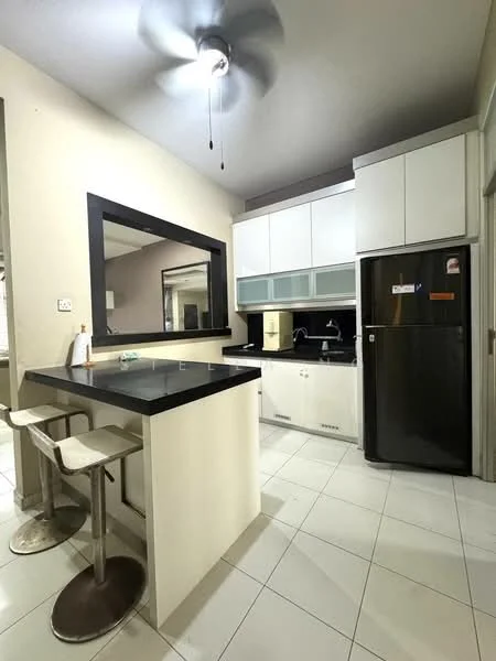 Kitchen features: white cabinetry with flat-panel doors, black countertop, stainless-steel fridge, built-in oven, ceramic tile flooring, pendant light, 5-blade ceiling fan, bar stools, sink, black backsplash, microwave, kitchen island; style: modern.