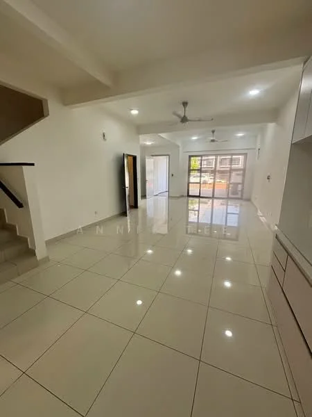 Living features: white painted walls, glossy ceramic tile flooring, 5-blade ceiling fan with light, large sliding glass door, natural light from windows, open layout, staircase leading to upper floor, recessed lighting; style: modern; view: garden.