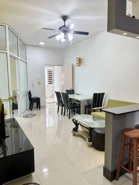 Dining features: white walls, glossy tile flooring, 5-blade ceiling fan with light, dining table with 6 chairs, black and white decor, glass coffee table, black console table, open layout, large windows, door leading to outdoor area; style: modern.