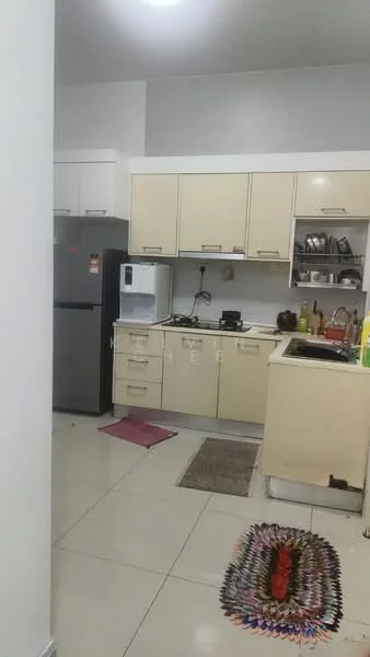 Kitchen features: cream cabinetry, stainless-steel fridge, built-in microwave, white countertop, single-bowl stainless-steel sink, chrome pull-down faucet, 4-burner gas hob, exhaust hood, ceramic tile flooring, wall-mounted shelves, decorative rug, kitchen utensils visible; style: modern.