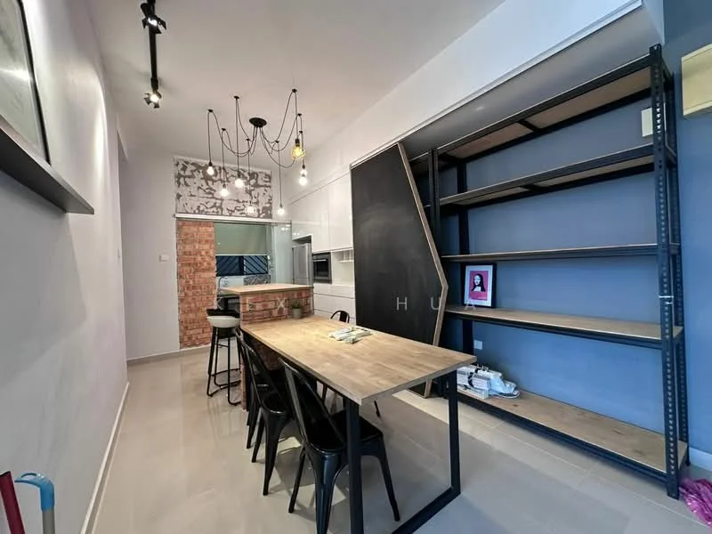 Dining features: wooden dining table, black metal dining chairs, exposed brick wall, open shelving unit, pendant lighting, recessed downlights, grey painted walls, tile flooring; style: modern. Kitchen features: white cabinetry, stainless-steel appliances, kitchen island, open layout, back wall with decorative tiles; style: modern.