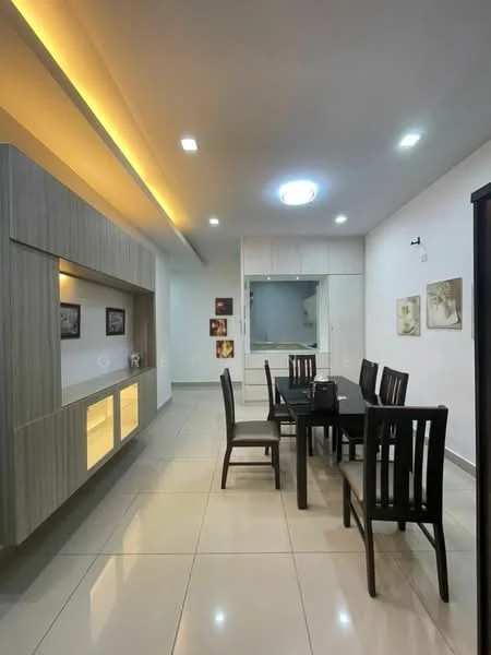 Dining features: rectangular dining table, 6 black dining chairs, light wood sideboard with backlighting, white walls, glossy tile flooring, recessed ceiling lights, ceiling light fixture, framed artwork on walls; style: modern.