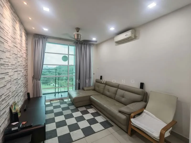 Living features: grey leather sectional sofa, black and white checkered area rug, wall-mounted TV console, floor-to-ceiling windows, sheer curtains, recessed LED downlights, ceiling fan, air conditioning unit, stone accent wall, light-colored painted walls, tile flooring; style: modern; view: city.