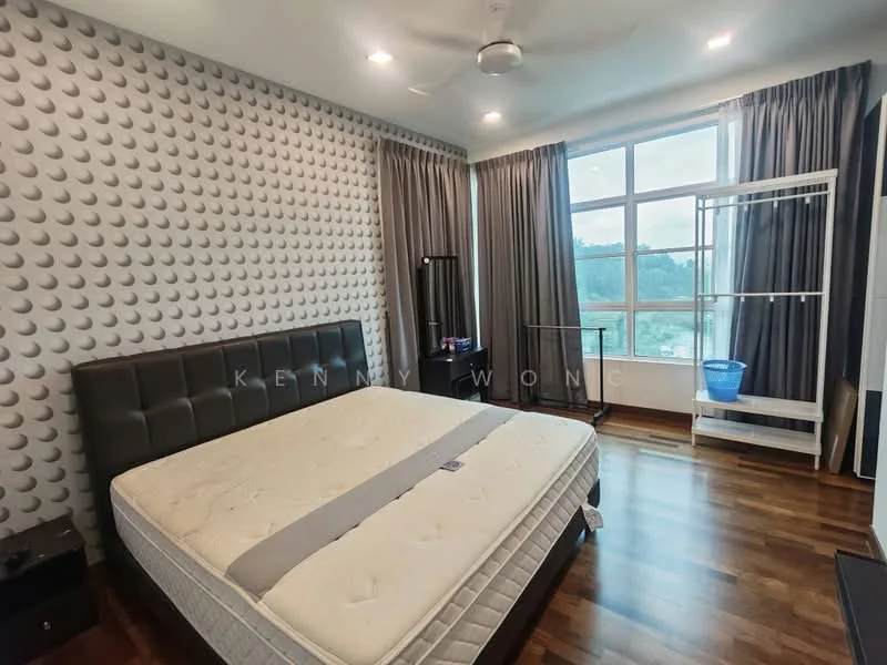 Bedroom features: king-size bed, upholstered headboard, wooden flooring, grey curtains, floor-to-ceiling windows, decorative accent wall with 3D texture, nightstand, clothes rack, blue plastic basket; style: modern; view: garden.