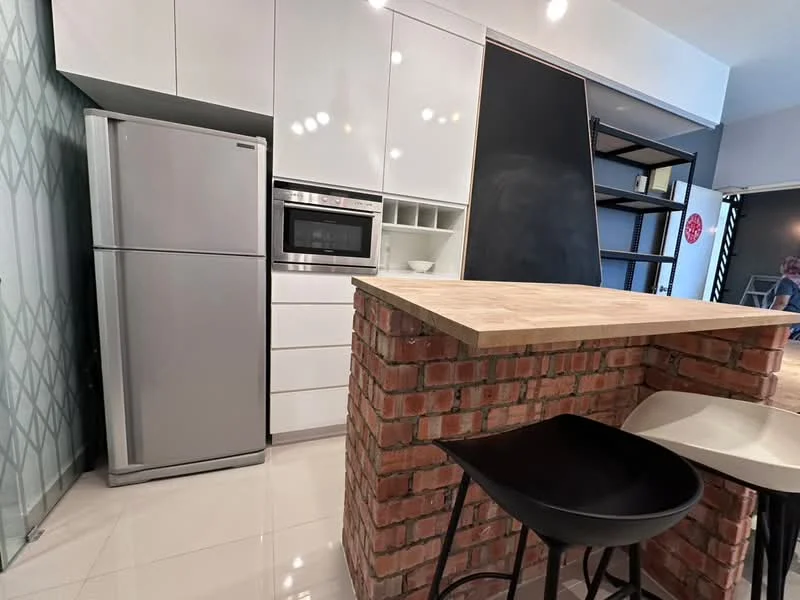 Kitchen features: stainless-steel fridge, built-in microwave, white cabinetry, wood countertop, exposed brick island, ceramic tile flooring, recessed downlights, open shelving, black bar stools; style: modern.