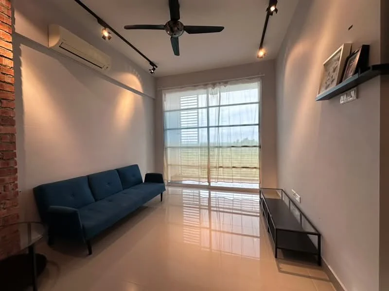 Living features: 3-seater fabric sofa in blue, floor-to-ceiling windows, sheer curtains, exposed brick wall, recessed downlights, ceiling fan, glossy tile flooring, TV console, decorative wall shelf; style: modern; view: garden.