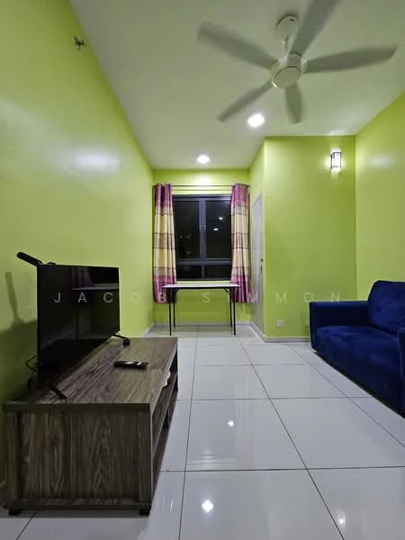 Living features: green painted walls, white tiled flooring, ceiling fan with light, floor-to-ceiling window, curtains with plaid pattern, TV on wooden console, wooden coffee table, blue fabric sofa; style: modern.
