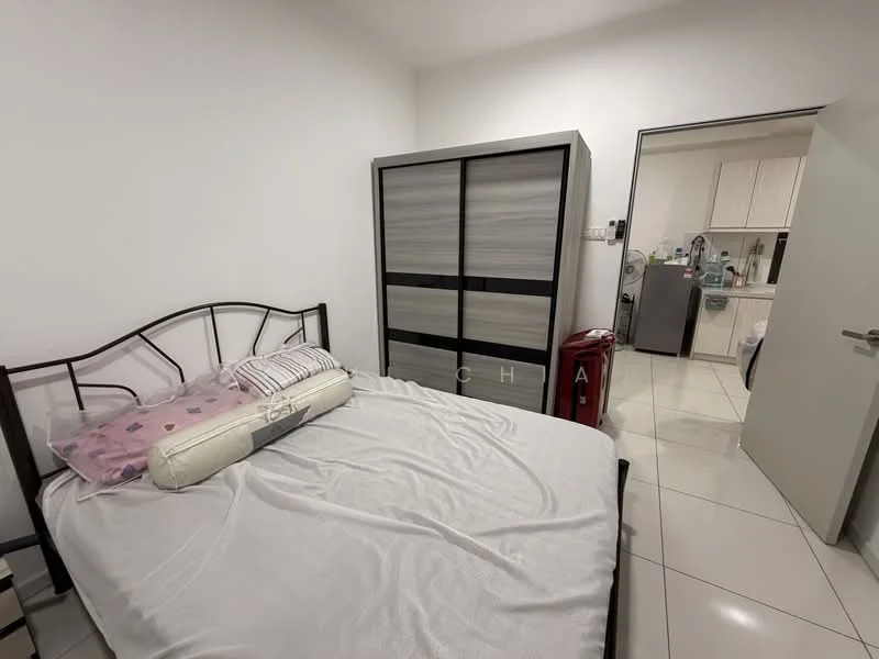 Bedroom features: queen-size bed, metal bed frame, white bedding, built-in wardrobe with sliding doors, white painted walls, glossy tile flooring, window with natural light, doorway leading to kitchen area; style: modern.