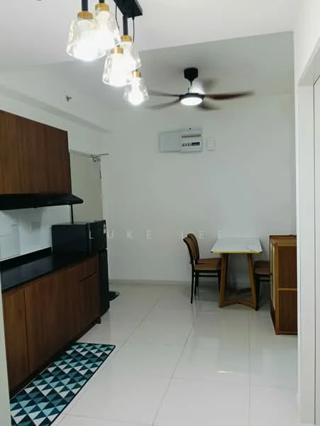 Kitchen features: brown wooden cabinetry, black countertop, stainless-steel sink, chrome pull-down faucet, built-in oven, freestanding refrigerator, 5-blade ceiling fan with light, recessed downlights, white painted walls, white tiled flooring, dining table with wooden legs, 4 dining chairs, area rug with geometric pattern; style: modern.