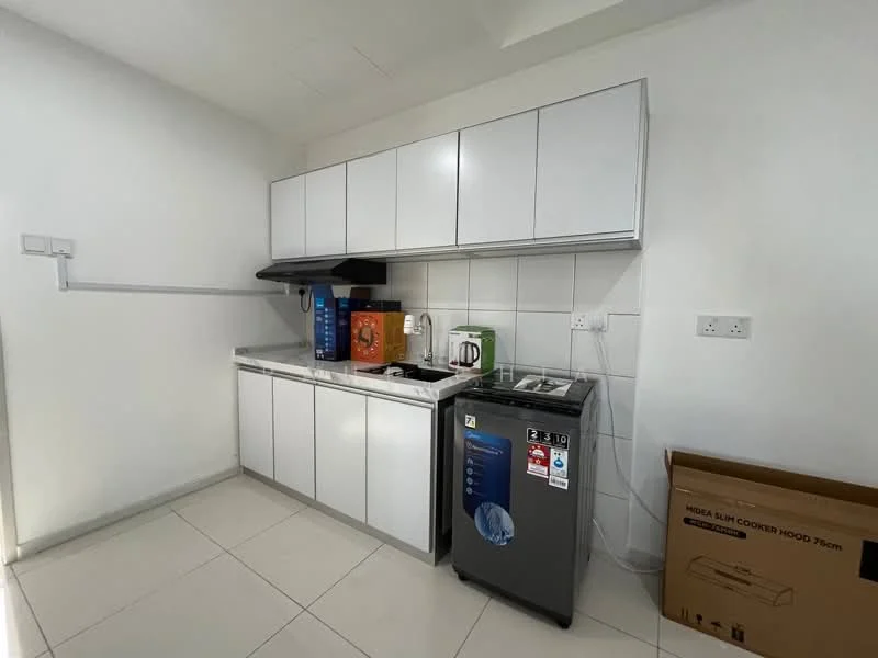 Kitchen features: white cabinetry with flat-panel doors, grey countertop, single-bowl stainless-steel sink, chrome pull-down faucet, built-in stove with hood, microwave, refrigerator, washing machine, tile backsplash, ceramic tile flooring, wall-mounted shelving, circuit breaker panel, box for kitchen appliances; style: modern.