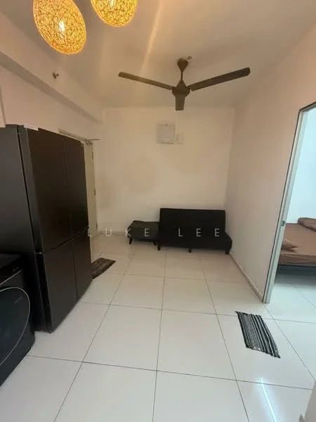 Room features: white painted walls, white tiled flooring, ceiling fan, black sofa, black refrigerator, air conditioning unit, doorway to another room; style: modern.